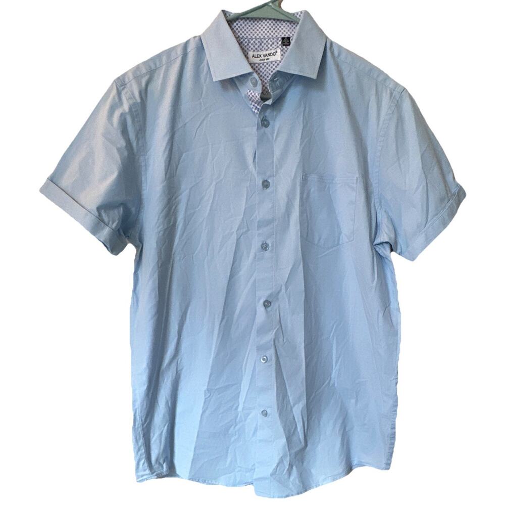 Alex Vando Men's M Blue Solid Short Sleeve Cotton/Spandex Button-Up Stretch